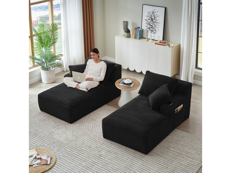  Canapé 2 places convertible en double méridienne, assise avec ressorts, porte-gobelets, velours côtelé, noir OMNIGLINT TRADING LTD - Conforama B