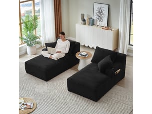 Canapé 2 places convertible en double méridienne, assise avec ressorts, porte-gobelets, velours côtelé, noir