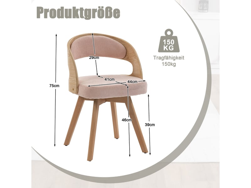  Chaise de salle à manger pivotante avec dossier ergonomique et assise rembourrée, en lin rose  - Conforama E