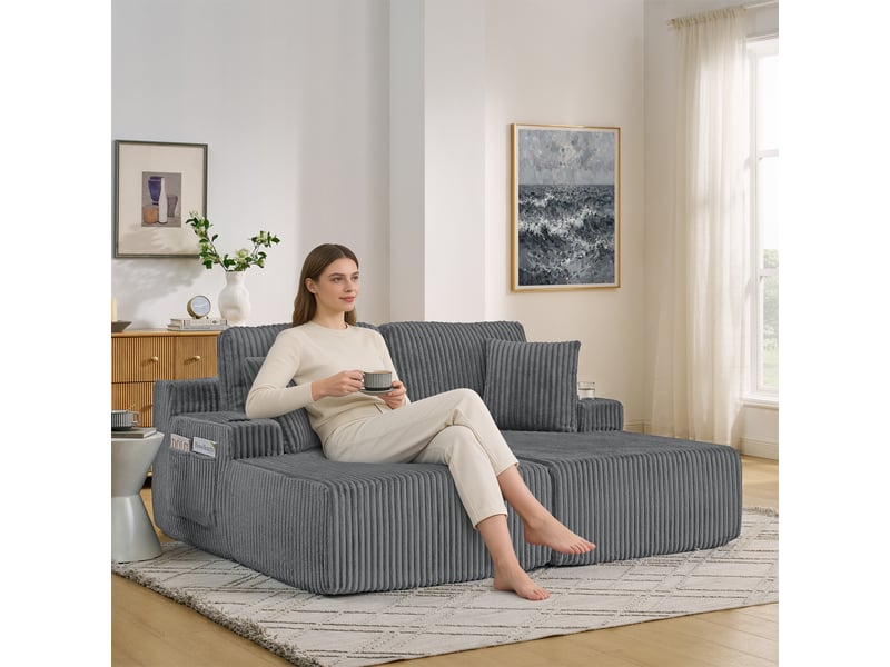  Canapé convertible, canapé-lit – porte-gobelets, 2 places, en velours tricoté, gris, poches latérales  - Conforama C