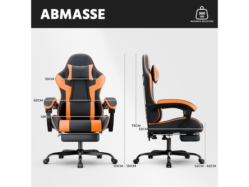 Chaise gaming ergonomique en similicuir noir et orange, avec soutien lombaire, dossier et hauteur réglables, fauteuil de bureau confortable - Conforama C