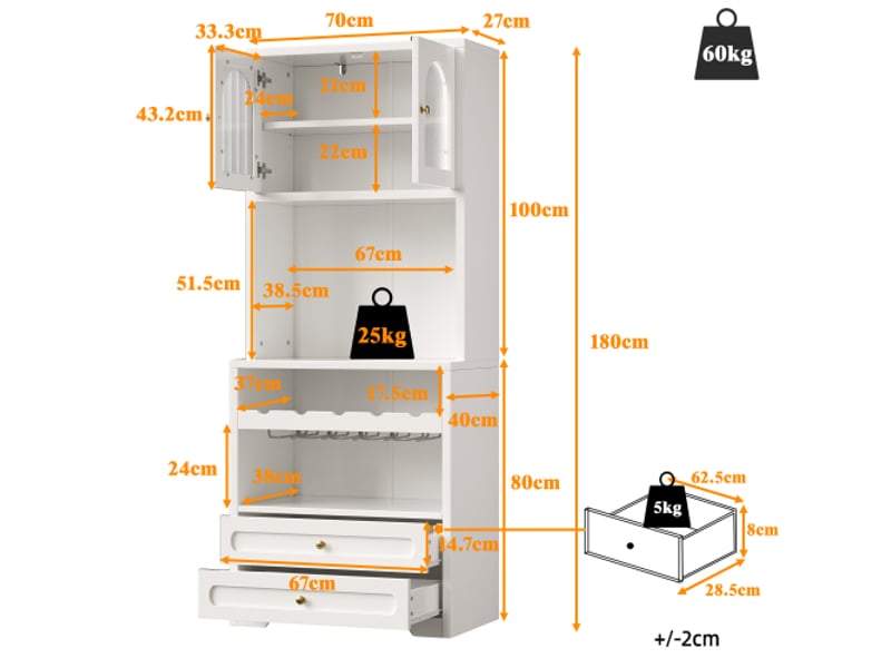  Colonne haute blanche avec portes vitrées cintrées, led connectée, étagères réglables, range à vin et usb  - Conforama C