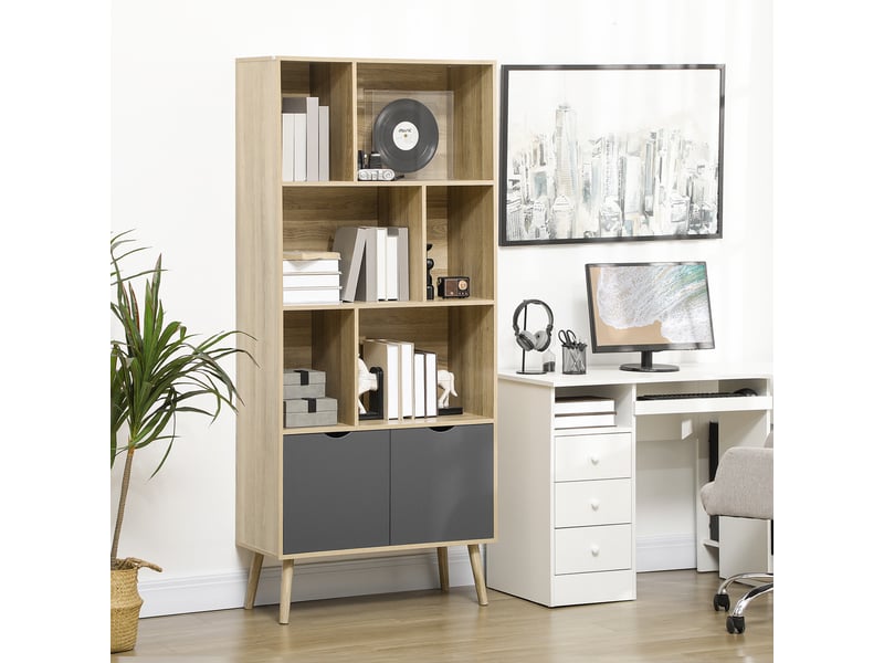  Bibliothèque étagère meuble de rangement placard 6 étagères dim. 80l x 35l x 180h cm naturel et gris foncé  - Conforama C