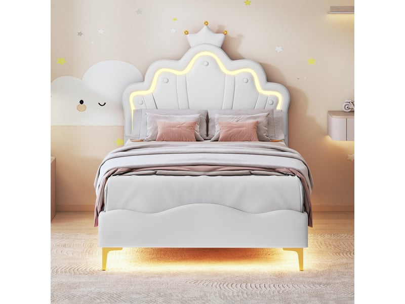  Lit princesse 90x200cm lit une place jeune avec tête de lit couronnée, led et sommier à lattes, rangement sous lit pour chambre de fille,sans matelas, pu,blanc  - Conforama C