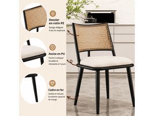 Chaises de salle à manger en rotin - lot de 2 chaises noires avec assise pu