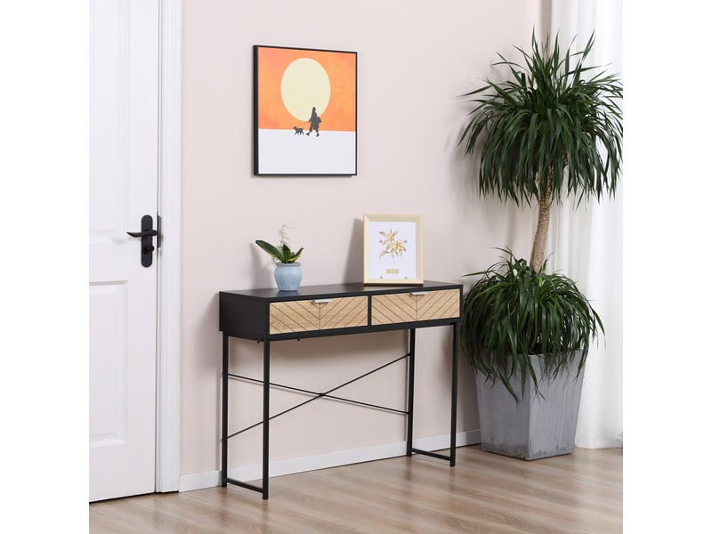  Console étroite à 2 tiroirs, design aux lignes sculptées, style moderne, noir et chêne  - Conforama C