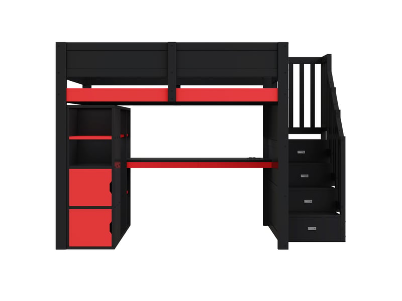  Lit mezzanine 140x200 cm, bureau, led usb, rangements escalier 3 compartiments, mdf contreplaqué noir rouge sans matelas  - Conforama A