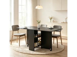Table à manger extensible avec 2 plateaux relevables et roulettes, espace de rangement, cuisine et salle à manger, noir