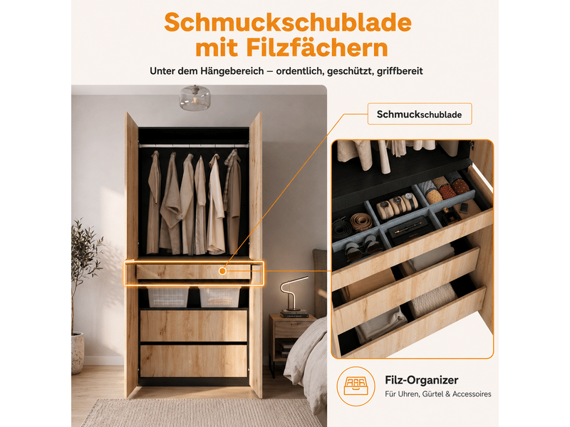  Armoire penderie 90 x 50 x 200 cm, 4 portes, tringle, 2 tiroirs dont tiroir à bijoux, pour chambre et bureau, mdf et panneaux de particules, chêne OMNIGLINT TRADING LTD - Conforama E