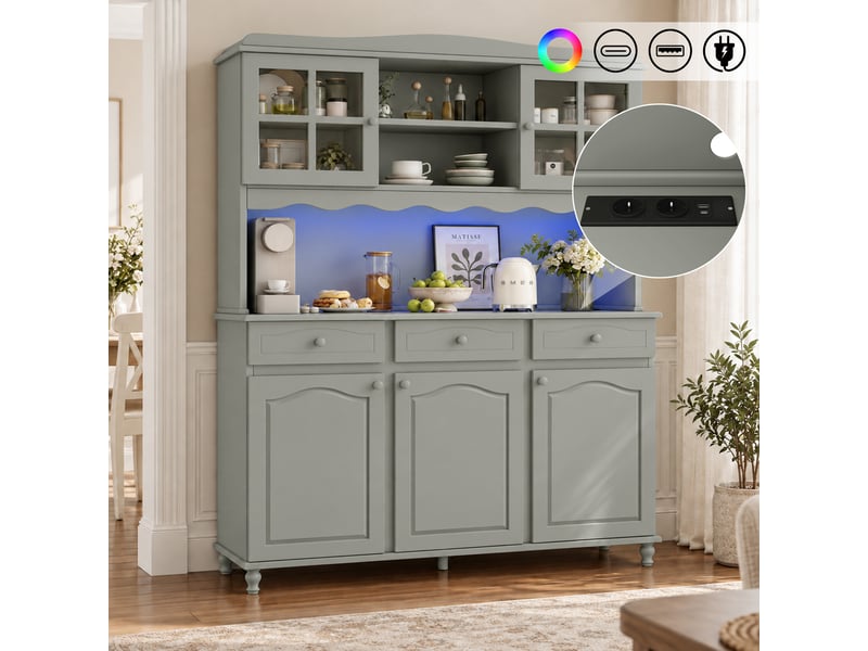  Buffet haut de salle à manger 135x40x185cm avec rangements multiniveaux, prise électrique, ports usb-ausb-c et bande led multicolore, vert evarich - Conforama B