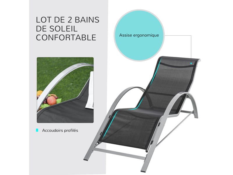  Lot de 2 bains de soleil design contemporain table basse plateau verre trempé métal époxy textilène gris foncé  - Conforama E