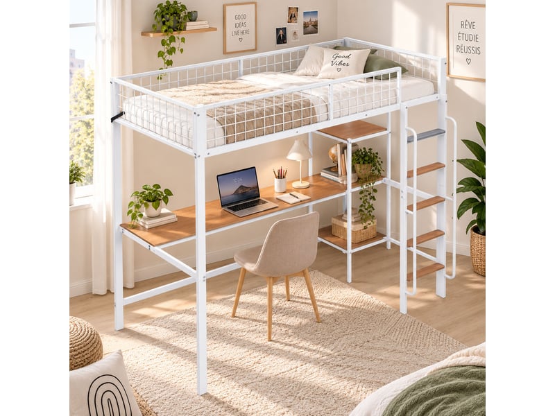 Lit mezzanine enfant 90x200 cm avec bureau et étagères, échelle, garde-corps, certifié en 747, métal et mdf, blanc et naturel - Conforama B