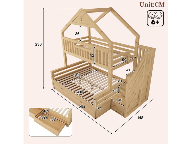  Lit superposé enfant 90x200 et 140x200 cm coloris chêne avec 2 tiroirs  - Conforama C