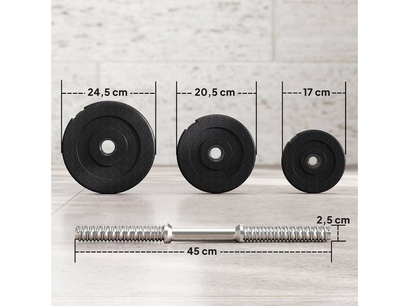  Ensemble haltères musculation 40 kg (4x5, 4x2,5, 4x1,5 kg), réglable, pro, 2 barres acier ø25x450 mm, disques.  - Conforama E