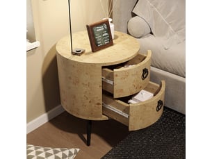 Table d'appoint ronde 2 tiroirs, bout canapé, chevet, style mid-century, bois naturel, pieds métal, rangement salon chambre