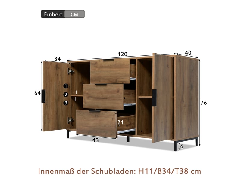 Commode 2 portes 3 tiroirs 120x40x76 cm – chêne foncé – étagère réglable et rangement style industriel - Conforama C