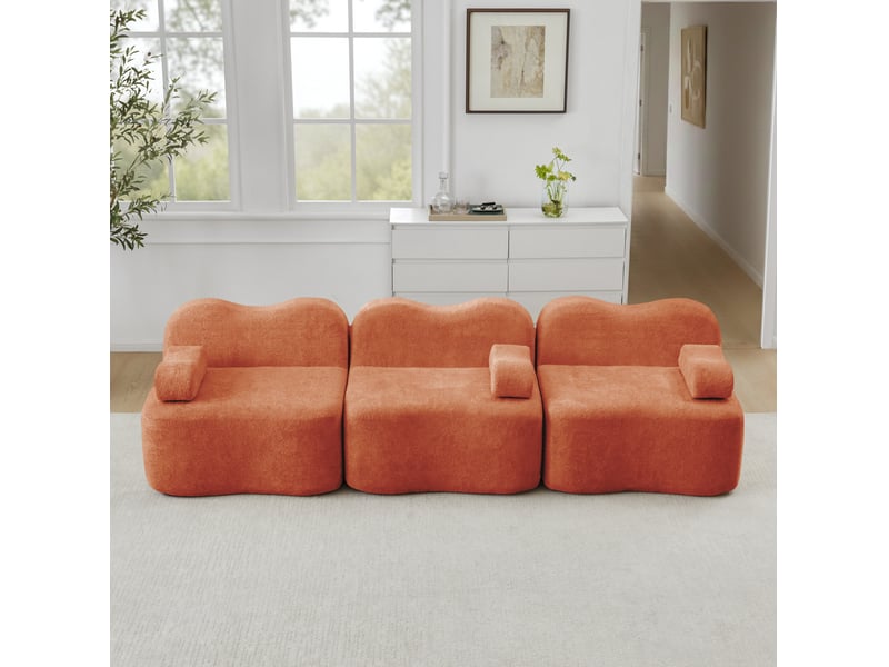Canapé 3 places modulaire sans cadre en velours orange, forme ondulée - Conforama D