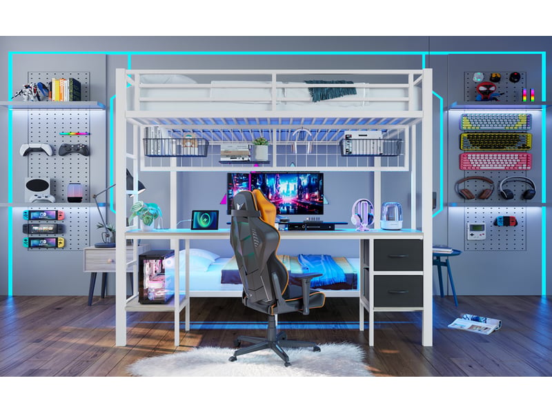 Lit mezzanine,90x200 et 140x200 cm,tiroirs,bureau,led, usb,métal,blanc - Conforama B
