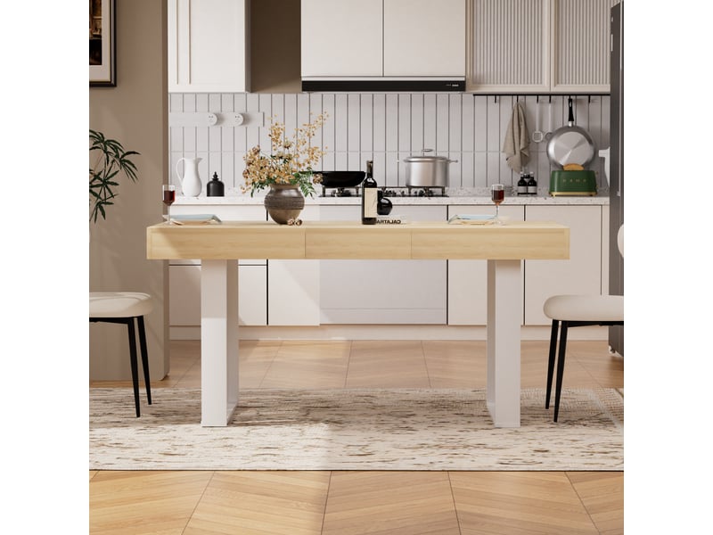  Table à manger extensible 120-160 cm, style rétro, bois naturel et blanc, 8 personnes  - Conforama B