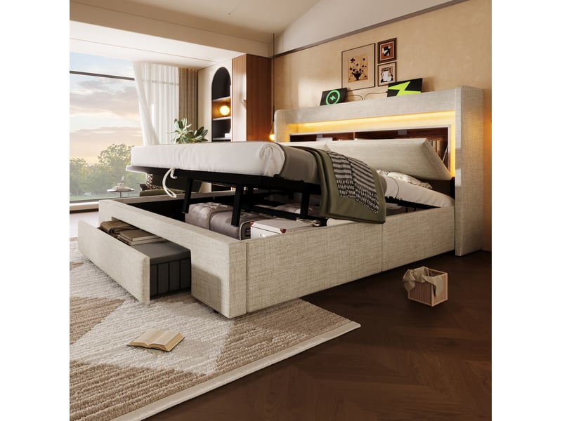  Lit coffre 160x200 cm avec rangement hydraulique, tête de lit avec rangement, led, usb et usb-c, lin, beige  - Conforama C