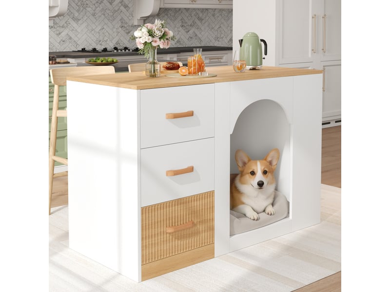  Îlot de cuisine - 120x60x90 cm blanc et bois - 3 tiroirs, rangements latéraux et espace  - Conforama E