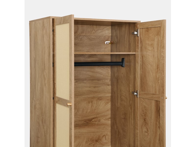  Armoire 80x50x180 cm avec 2 tiroirs et 2 portes en mdf, couleur bois foncé, design naturel, design effet rotin  - Conforama E
