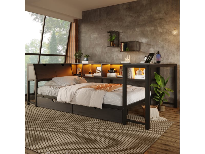 Lit simple enfant 90x200 cm – noir – bureau intégré, led multicolore et 2 tiroirs – sans matelas - Conforama B