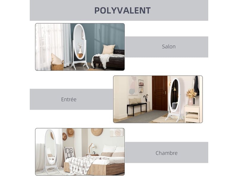  Miroir à pied ovale style shabby chic inclinaison réglable dim. 48l x 46l x 147h cm mdf blanc  - Conforama E