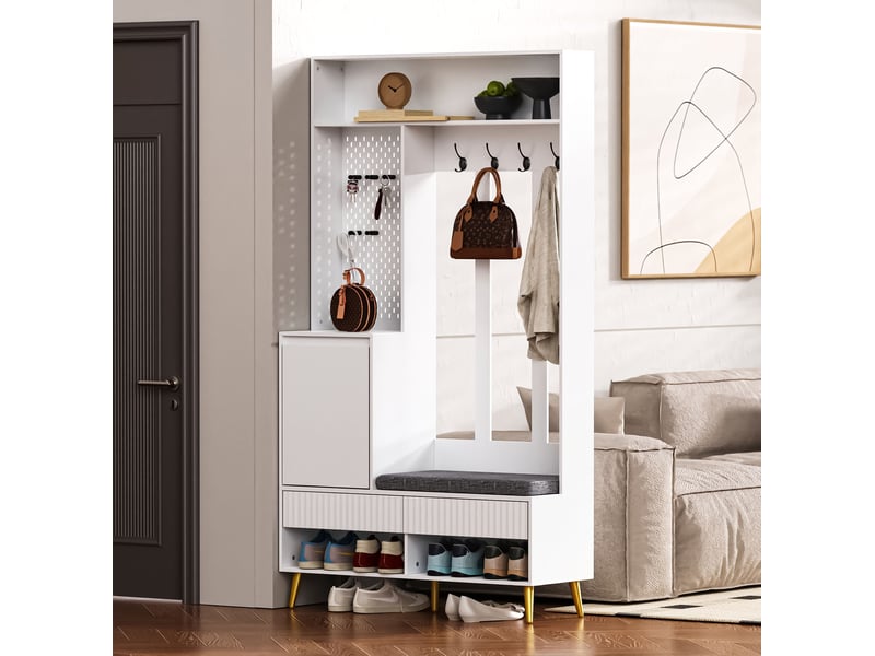  Meubles d'entrée 6 en 1 avec 1 porte, 2 tiroirs, 4 patères et banc pour couloir en mdf blanc 100 × 35 × 180 cm  - Conforama D