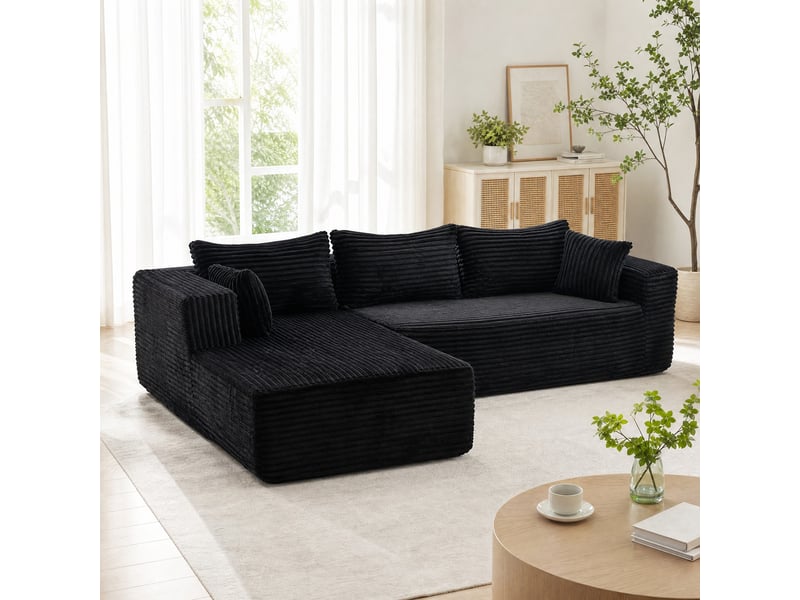  Canapé d’angle modulable modenvie avec chaise longue, 2 places, velours côtelé noir, 279 x 179 x 83 cm  - Conforama E