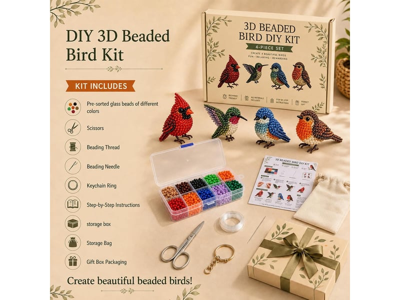  Kit diy animaux 3d en perles, 4 modèles de broderie avec oiseaux et animaux, loisirs créatifs pour adultes débutants, oiseaux de jardin  - Conforama E