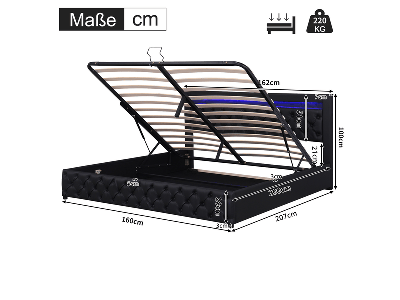  Lit coffre 160x200cm avec espace de rangement, éclairage led, sans matelas, design moderne, pu, couleur noir  - Conforama C
