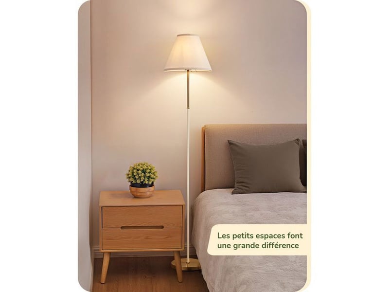  Lampadaire retro conique e27 2700k interrupteur au pied base dorée, abat-jour coton lin blanc cassé 370618_AADAW88482_6_DROPFR - Conforama B