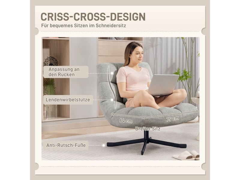  Chaise fauteuil pivotant large assise revêtement aspect chenille déperlant pieds en acier croisés gris clair  - Conforama D