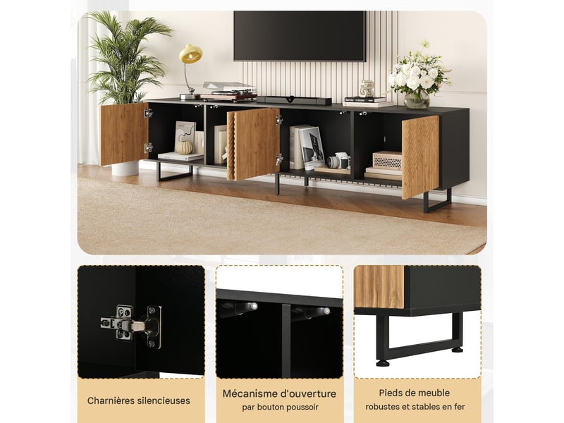  Meuble tv 4 portes en panneau de particules bois naturel et noir 180x40x50 cm - pangivo  - Conforama D