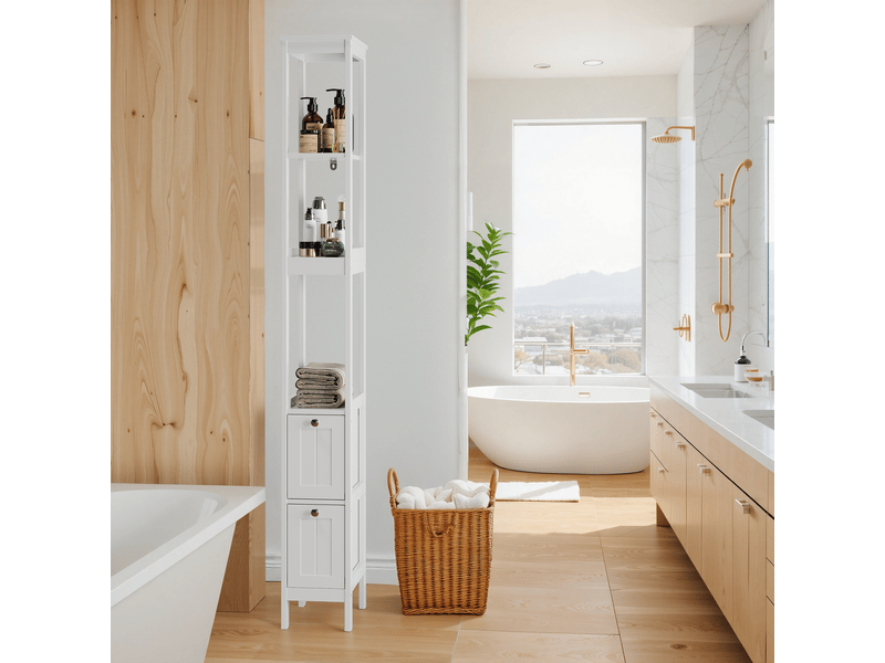  Meuble de salle de bain haut et étroit, 160 x 20 x 30 cm, 2 tiroirs et 3 étagères, meuble autoportant, blanc.  - Conforama A