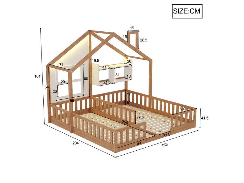  Lit cabane enfant 2 x 90x200 cm – bois naturel – led multicolores, étagères et sommiers – sans matelas  - Conforama C