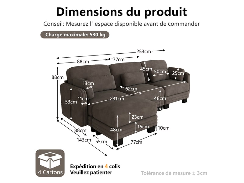  Canapé modulable d'angle 3 places 253x143x88 cm avec pouf en chenille marron  - Conforama C