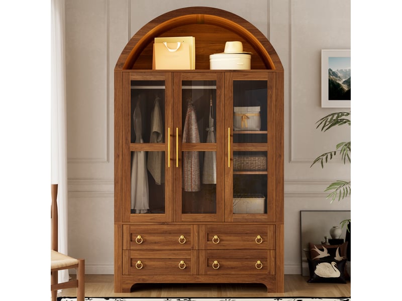  Armoire 3 portes vitrées et 4 tiroirs avec led 110x50x186 cm coloris noyer  - Conforama B