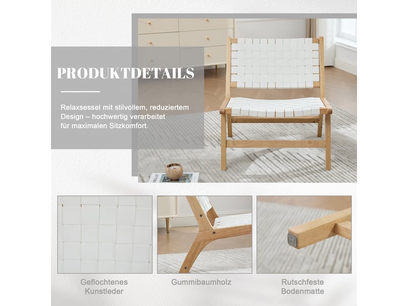  Fauteuil sans accoudoirs tressé à motif damier, assise basse confortable et structure en bois pour salon, pu blanc  - Conforama E