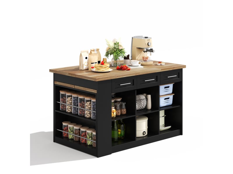  Îlot de cuisine multifonctionnel 150x90x90 cm avec table extensible mdf noir et naturel  - Conforama A