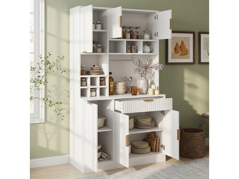  Buffet haut modenvie 100 x 40 x 175 cm avec rangements multiples, prise intégrée, usb-a et usb-c, casier à verres, range-bouteilles, blanc  - Conforama B