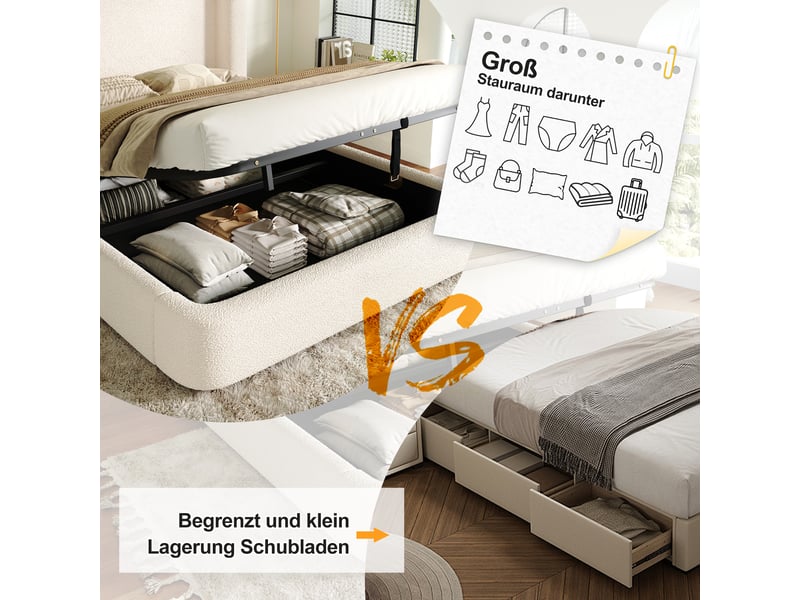  Lit double capitonné 180x200cm,lit coffre hydraulique avec grand rangement,tête de lit rembourrée,bouclé,sans matelas,beige  - Conforama D