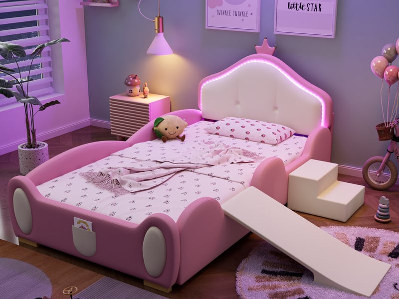 Lit Enfant Avec Tête De Lit En Forme De Nuage - 90 X 200 Cm Similicuir Sommier A Lattes En Bois Rose 92185724