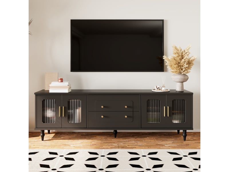  Meuble tv 4 portes vitrées et tiroirs push-to-open pour salon 177×38×55,5 cm panneaux de particules noir  - Conforama B