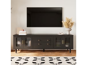 Meuble tv 4 portes vitrées et tiroirs push-to-open pour salon 177×38×55,5 cm panneaux de particules noir
