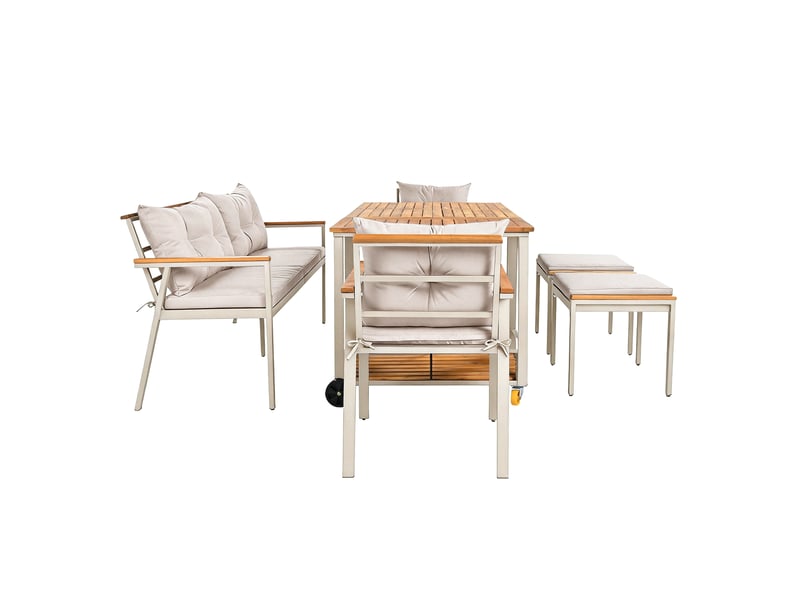 Ensemble repas de jardin en acacia 6-7 places, fauteuils, desserte amovible - Conforama E