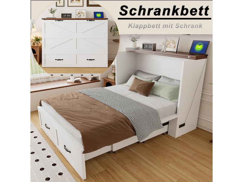  Lit escamotable 140x200 cm avec rangement, prise européenne, cadre en métal et roulettes silencieuses, blanc.  - Conforama D