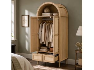 Armoire avec 2 portes, 2 tiroirs et niche ouverte, en mdf et rotin pe, pour chambre, chêne, 80 × 55 × 180 cm