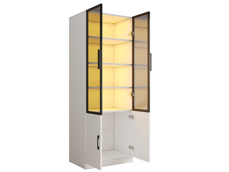  Vitrine 60 x 40 x 160 cm blanche, verre gris fumé, led multicolore pilotable par application et rangement fermé  - Conforama D